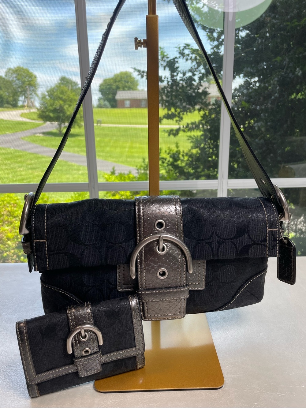 Coach Vintage Soho & Wallet in Black Jacquard w Silver Sheen & Embossed Leather🐍